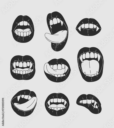 Cartoon linear set of Halloween with vampire open mouth, fangs and tongue. Female black lips with long pointed canine teeth. Vintage sketch design for decoration, card, print, invitation, sticker