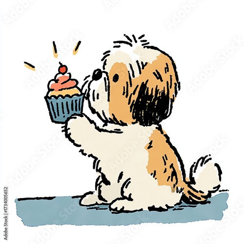 A sweet watercolor puppy holds a cupcake with a cherry. Delightful and endearing!