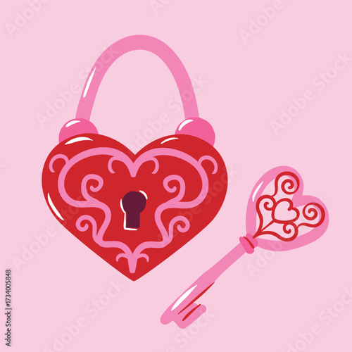 Pink and red hand drawn heart shaped love lock and key. Romantic Valentines Day or wedding design. Vector background