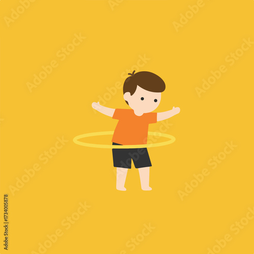 Cute cartoon child spinning a hula hoop with arms outstretched on a yellow background