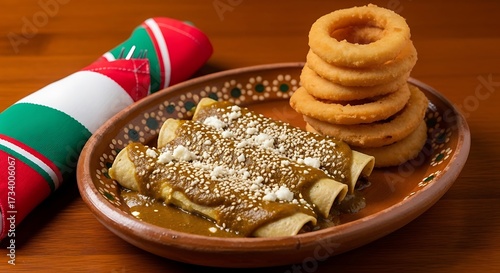 Delicious Mexican Enchiladas with Onion Rings.