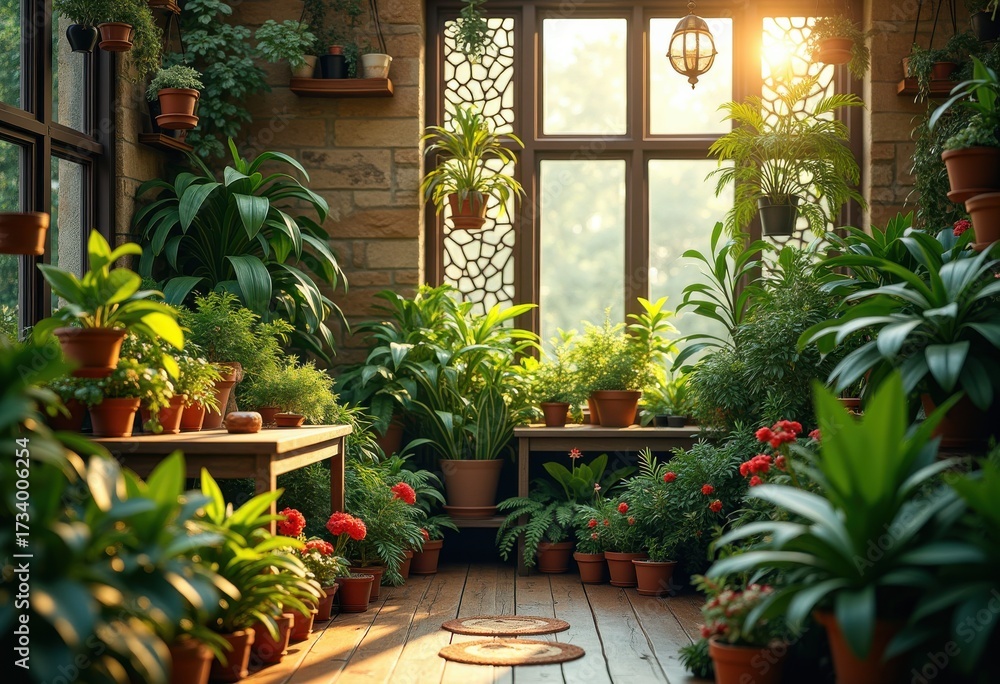 Naklejka premium Lush Indoor Garden Oasis with Vibrant Potted Plants, Lively Greenery, and Natural Decor for Home Environments