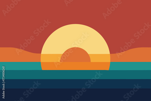 Retro style sunset over calm water with geometric layers