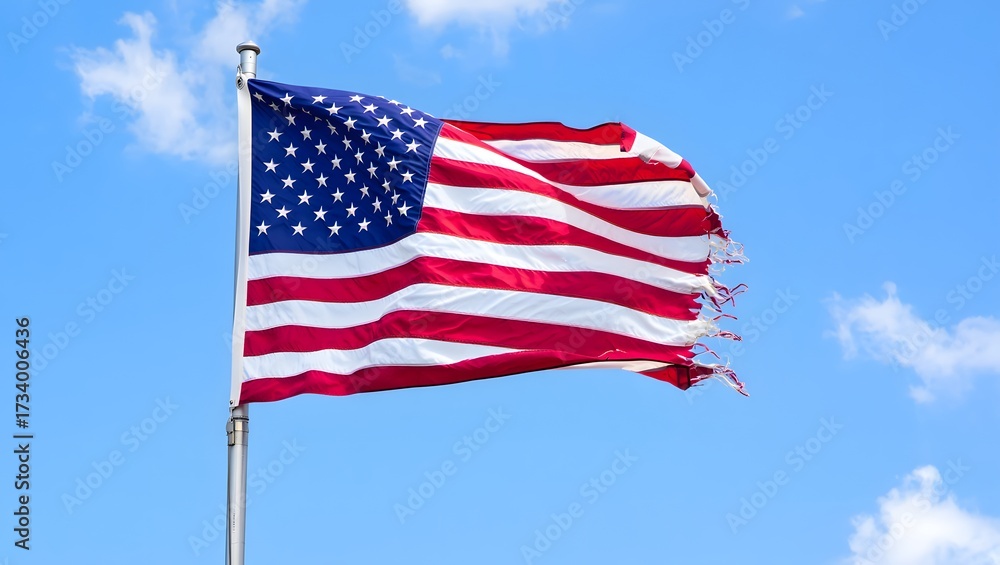 Obraz premium Tattered american flag waving in clear blue sky