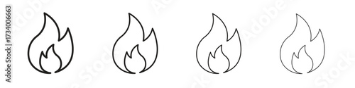 Flame icons designed in outline, line and stroke style