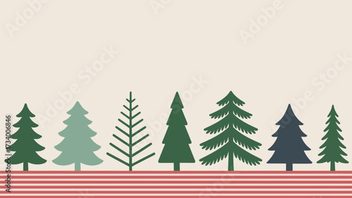 A row of christmas trees in various shades of green against a beige background with red stripes below