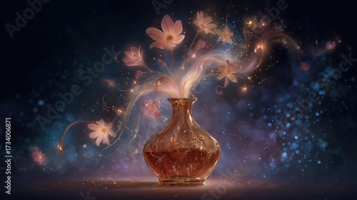 Magical Vase with Flowers and Light, Fantasy Still Life.