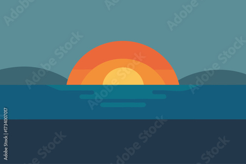 Minimalist sunset over a calm blue ocean with distant hills