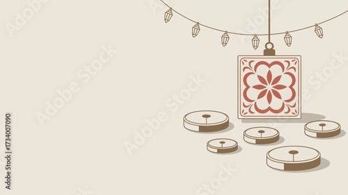 A decorative square tile hanging from a string of lights with round objects on a beige background