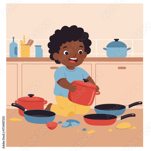 Child plays with cookware, creating a colorful kitchen mess