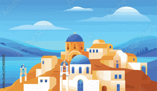 A view of a greek village on a sunny day cartoonish