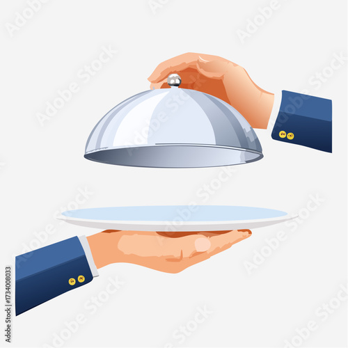 White Dish with lid holding hands isolated, opened restaurant cloche, launch time promo banner concept.
