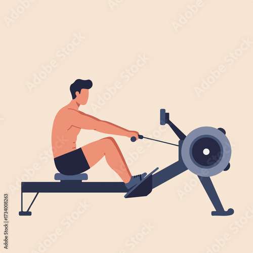Muscular man rowing indoors on a sleek blue machine, focused on workout