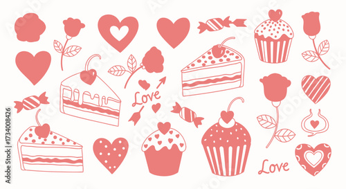 A collection of hand-drawn style Valentine's Day themed icons and elements including hearts, roses, cupcakes, cake slices, candies and the word "Love".