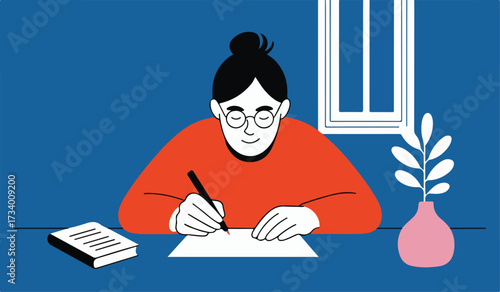 Woman writing at desk with plant and window behind