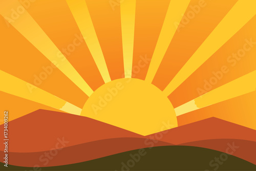 Bright sunburst over rolling hills at sunrise or sunset