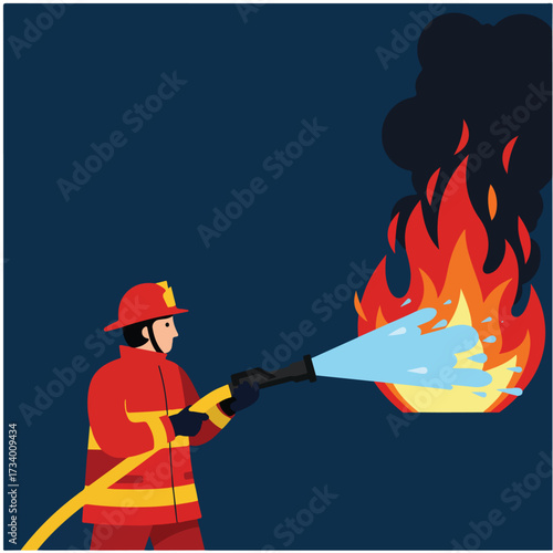 Firefighter sprays water on a blaze, dousing flames with blue liquid