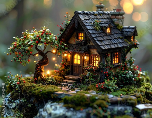 Wallpaper Mural Enchanting miniature fairy tale cottage nestled in a lush, mossy landscape bathed in warm, inviting light Torontodigital.ca