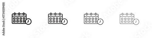 Calendar clock icons designed in outline, line and stroke style