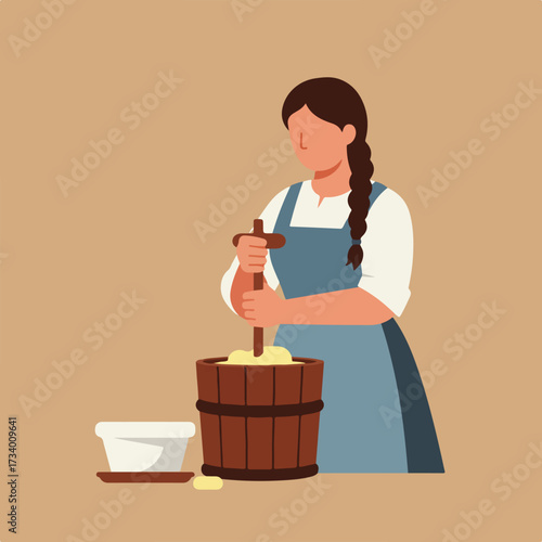 Woman churns butter in wooden barrel with apron