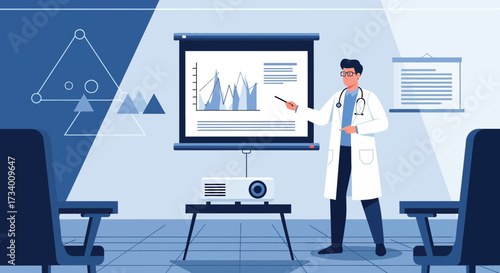 Doctor presenting medical data analysis using projector during meeting or conference session