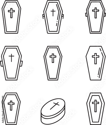 A collection of nine black and white line art icons depicting various coffins or caskets, each featuring a Christian cross design on the lid. 