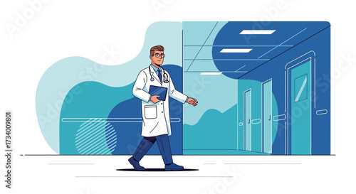 Doctor walking in hospital hallway in blue color concept illustration with a serious face and