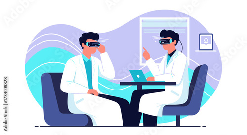 Doctors collaborating using virtual reality for medical research and development in hospital setting