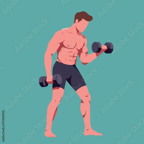 Muscular man lifting weights, focused on workout