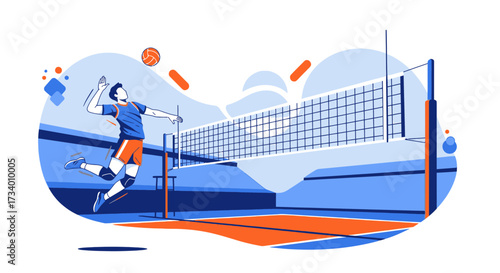 Dynamic Volleyball Illustration of a Player Spiking the Ball Over the Net