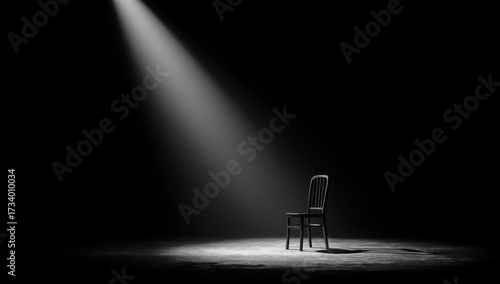 Empty chair illuminated by a single spotlight in a dark room symbolizing loneliness and anticipation