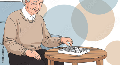 Elderly man enjoying a game of checkers with himself in a peaceful home setting illustration