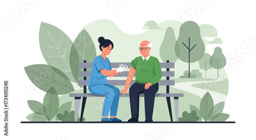 Elderly man receiving vaccine from nurse in outdoor setting promoting public health and preventive