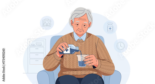 Elderly man pouring liquid medication into a measuring cup in a domestic scene