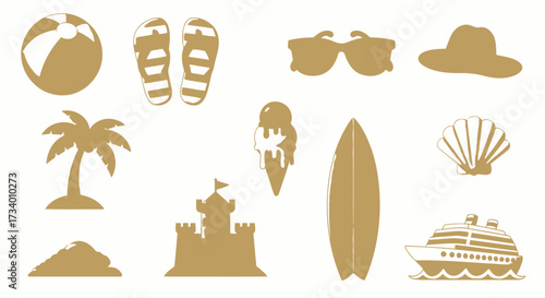 Collection of summer themed vector illustrations for vacation and holiday designs, white background
