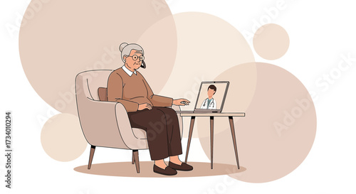 Elderly woman using telemedicine for remote consultation with doctor on laptop during pandemic