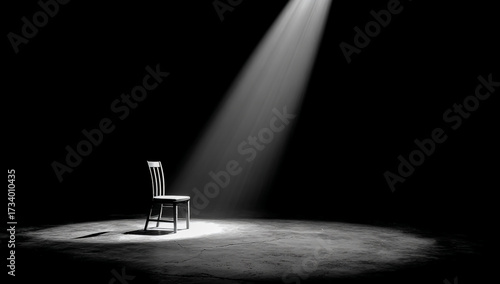 Solitary wooden chair illuminated by a single spotlight on a dark stage