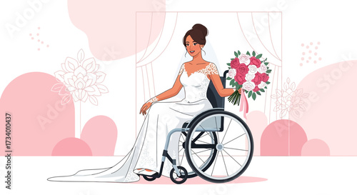 Elegant bride in wheelchair holding flower bouquet on her wedding day illustration