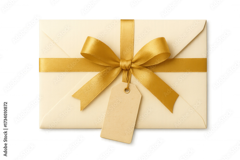 Fototapeta premium Ivory envelope with golden ribbon bow and blank gift tag, providing a present or invitation concept, transparent background