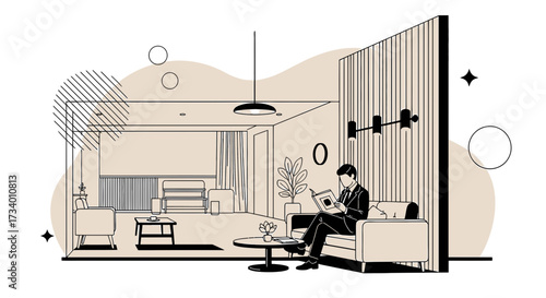 Elegant living room illustration with a businessman reading a book on a comfortable sofa
