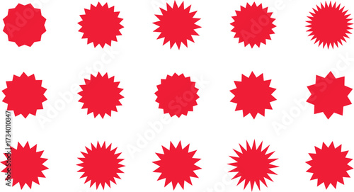 Red shopping labels collection. Sale or discount sticker. Starburst sticker set. Special offer price tag. Supermarket promotional badge. Promo stickers with star edges. Vector.