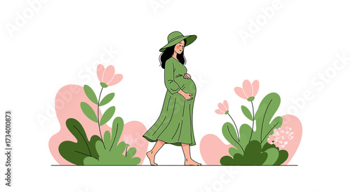 Elegant pregnant woman in a green dress amidst nature, a celebration of motherhood