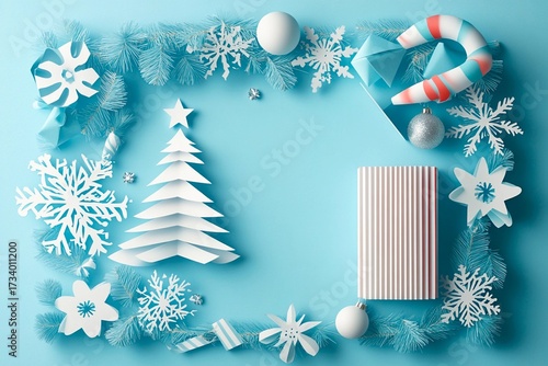 Creative holiday postcard design featuring a paper cutout Christmas tree