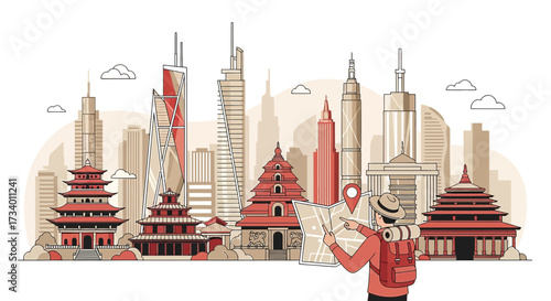 Exploring iconic asian architecture and modern skyscrapers with a map and backpack traveler