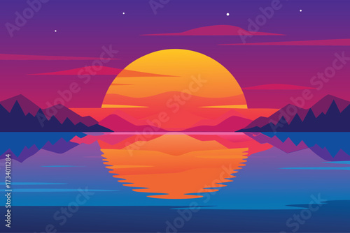 Vibrant sunset over a calm lake with mountain silhouette and reflection
