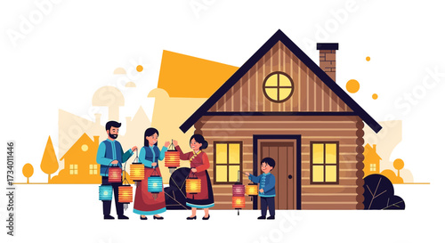 Family celebrates the Mid-Autumn Festival with traditional lanterns in a cozy house setting