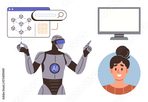 Robot with AI badge gestures at tech interface, woman in profile, and computer monitor. Ideal for AI, technology, innovation, robotics, machine learning, interaction human-robot communication