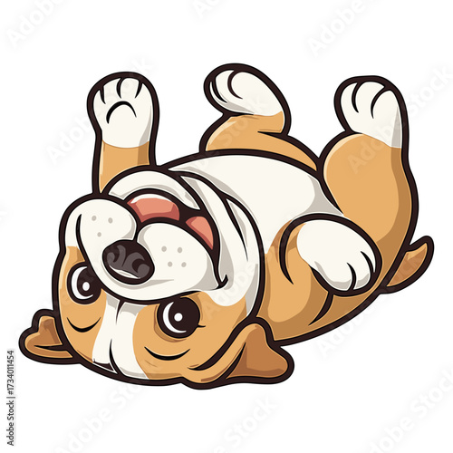 Cartoon dog lying belly up, smiling happily