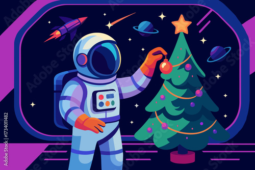 astronaut with christmas tree in outer space