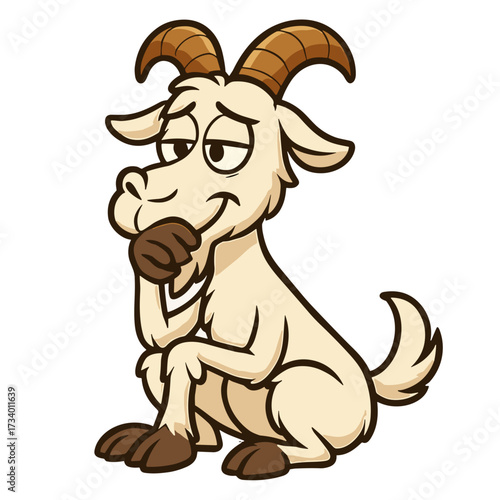 Pensive cartoon goat sits contemplatively